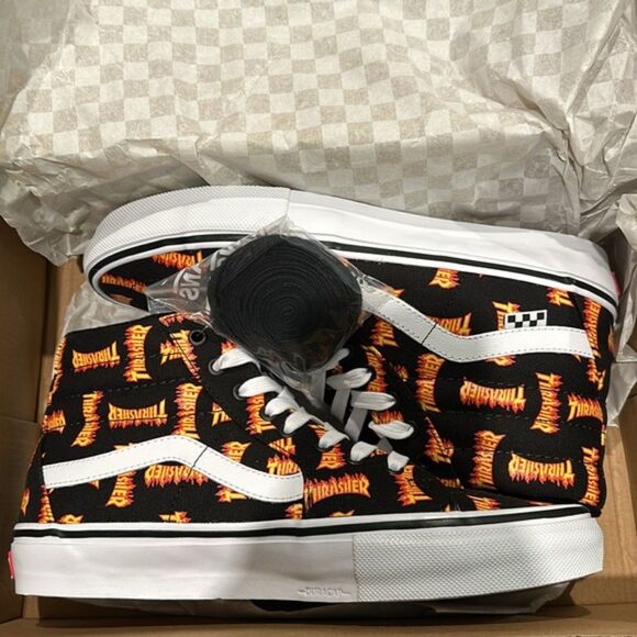 Vans x Thrasher Skate Sk8-Hi PopCush Black Multi Flame Logo Men’s Size 6 - New - Picture 4 of 7